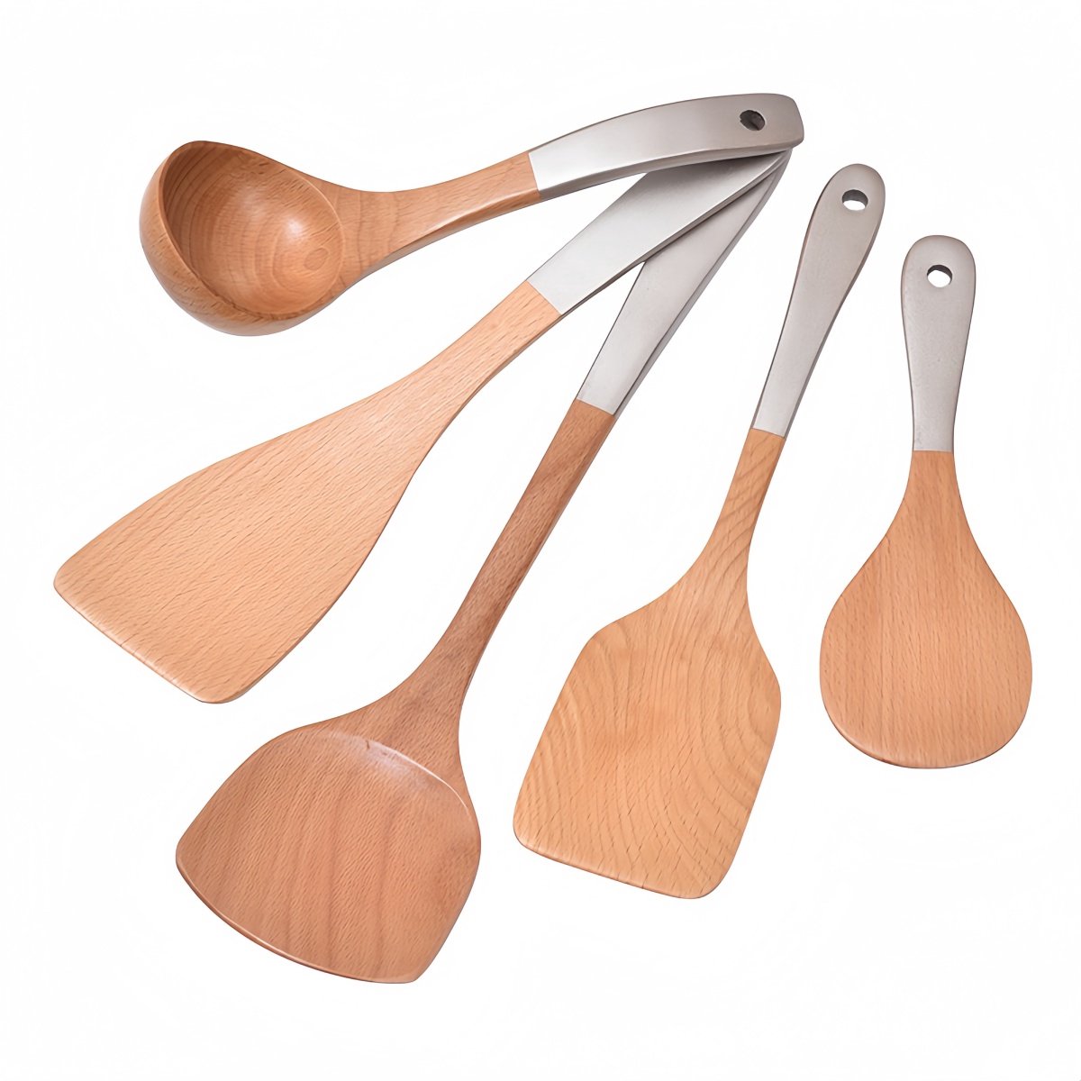 5-teiliges Küchenutensilien-set – Antihaft-bratpfanne – Holzspatel, Wok, Reislöffel, Schöpfkelle Für Den Hausgebrauch – Silber