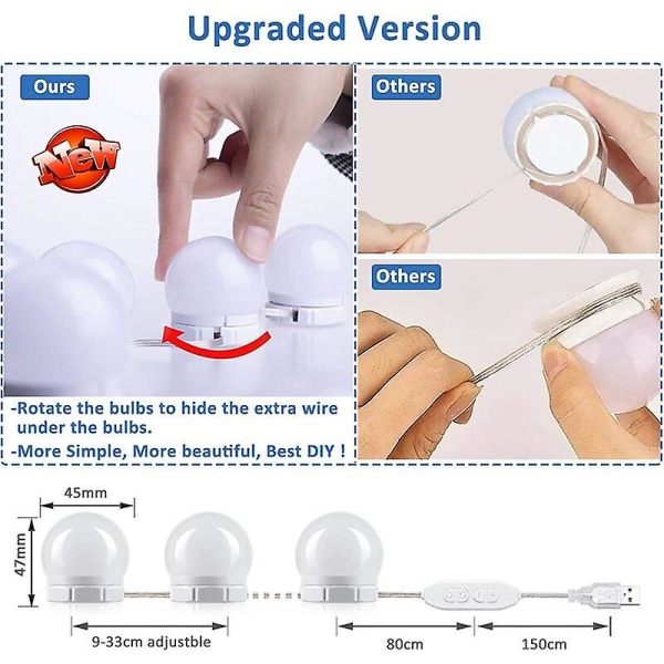 Beleuchteter Kosmetikspiegel Mit 14 Glühbirnen, Verstellbarer Led-hollywood-lampe, Usb-schminkleuchte Mit Schalter Und Kabel, 3 Farbmodi Und 10 Helligkeitsstufen