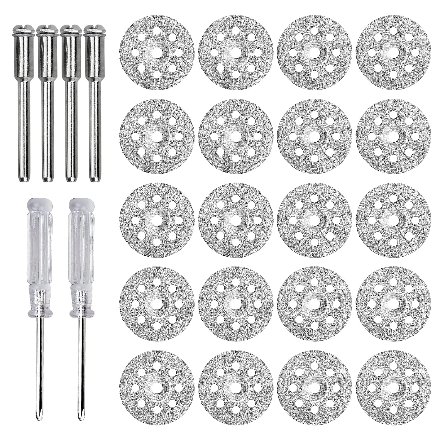 Set Mit 22 Diamanttrennscheiben (22,5 Mm) Für Rotationswerkzeuge, Inklusive 4 Dornen, 2 Schäften Und 2 Kreuzschlitzschraubendrehern, Zubehör Für Mini-diamanttrennscheiben