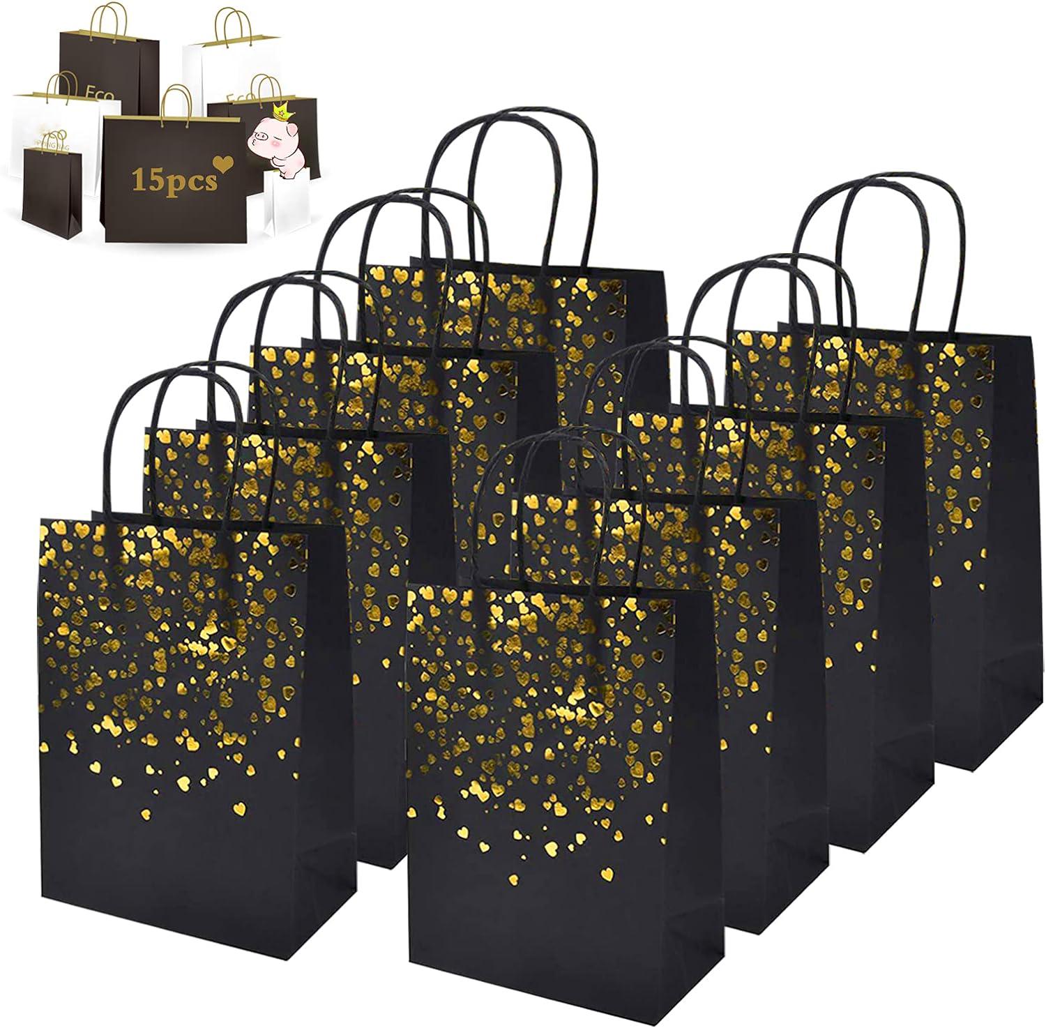 15 Schwarze Kraftpapiertüten Mit Henkeln, 15er-pack Wiederverwendbare Geschenktüten Für Weihnachten, Hochzeiten, Geburtstage Und Partys