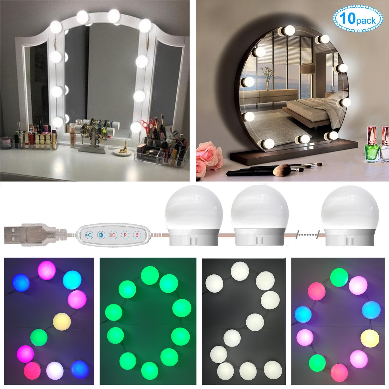 Groofoo Led-schminkspiegel-beleuchtungsset, Kosmetiktischlampe, Tischleuchte, 5 M, 10 Leds, 16 Modi, Usb-stromversorgung
