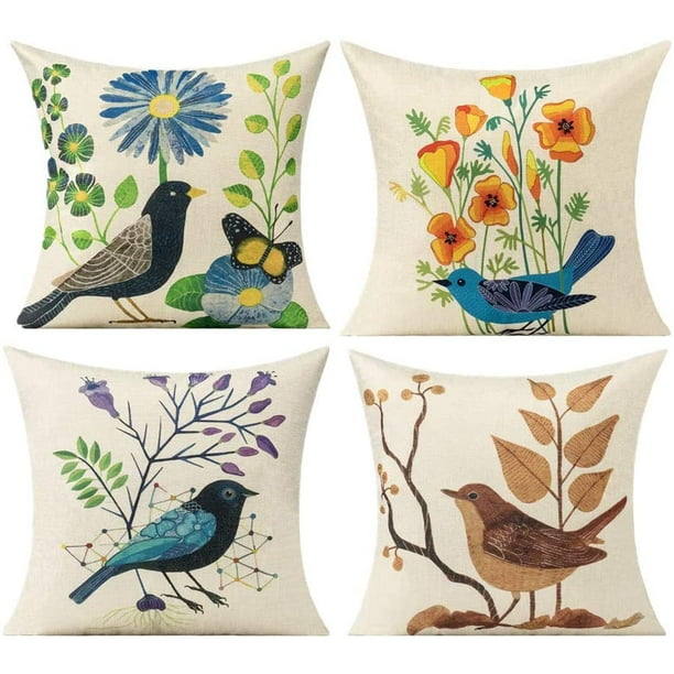 Outdoor-kissenbezüge 20x20 Cm, 4er-set, Retro-sommerstil Mit Vogel- Und Blumenmotiv, Dekorative Kissenbezüge Für Gartenbank, Sofa Und Terrasse