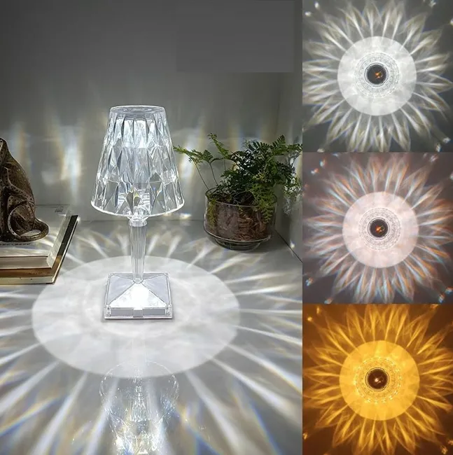Led-nachttischlampe Mit Diamantkristall In 3 Farben, Usb-aufladbar, Berührungsempfindliches Nachtlicht, Dimmerschalter, Italienisches Design