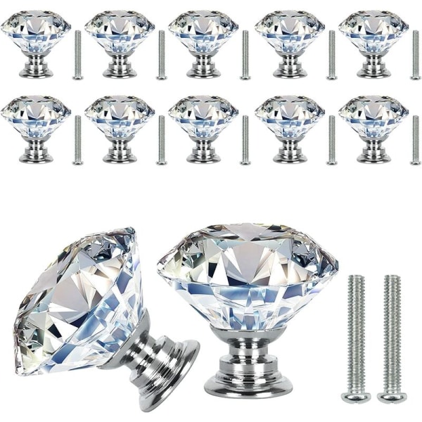 12 Türgriffe Aus Diamantkristall, 30 Mm, Mit Schrauben, Transparente Schubladengriffe Für Schränke Und Möbel, 12er-set