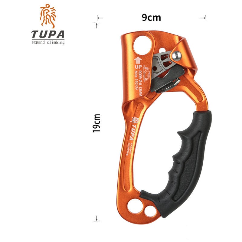 Seilkletterausrüstung, Bergsteigen, Baumklettern, Abseilgerät, Seilklemme, Griff Für 8-12 Mm Seil, Orange, Rechtshänder, Zertifiziert.