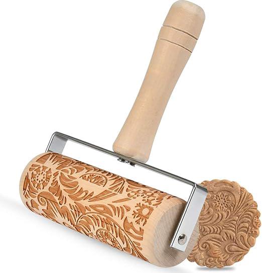 3d-nudelholz Aus Holz Mit Geschnitztem Rattanblumenmuster, Nudelholz Mit Metalllager, Weihnachtsstempel Für Selbstgemachte Kekse Und Kuchen