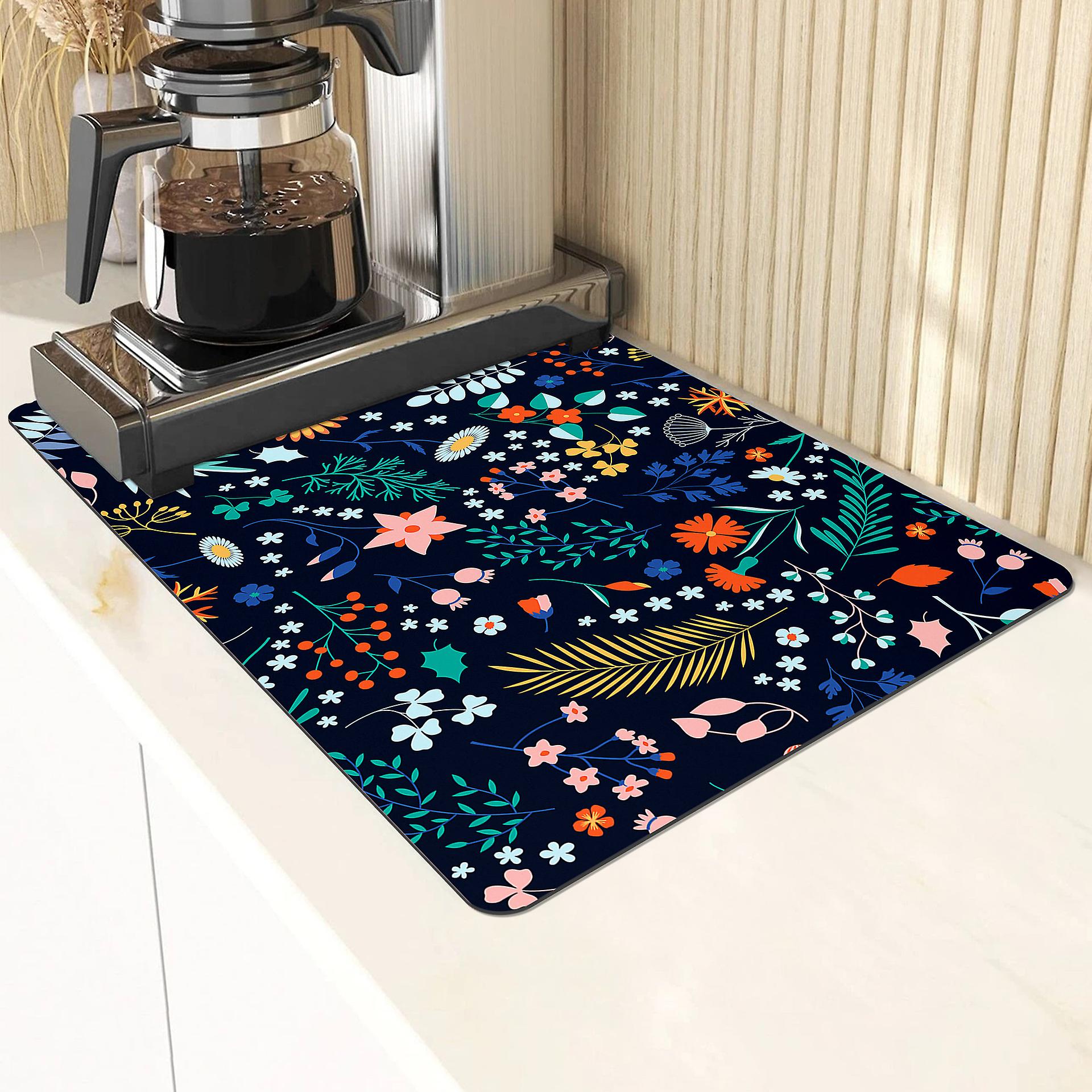 Abtropfmatte Aus Mikrofaser Für Die Arbeitsplatte, 40 X 50 Cm, Bunte Blumen, Schwarz, Saugfähig, Große Größe