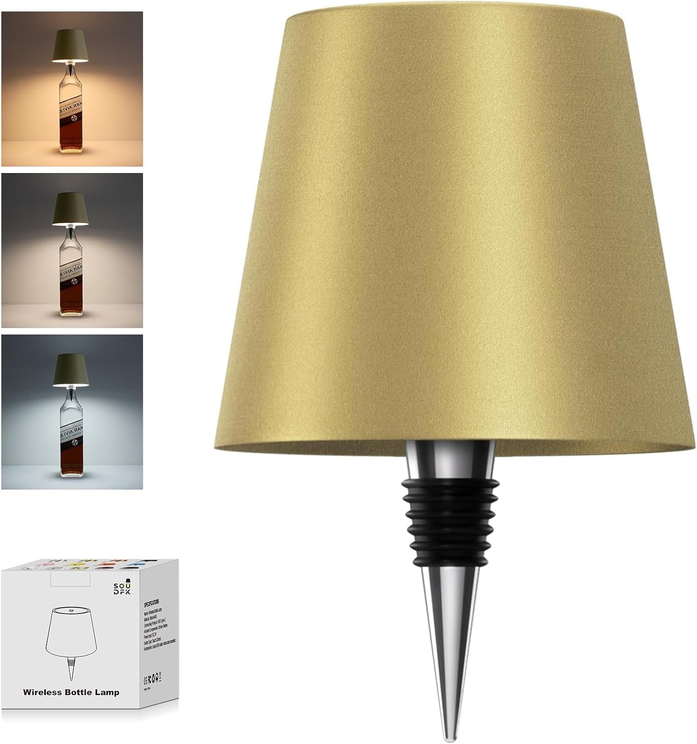 Wiederaufladbare Led-weinflaschenlampe, Kabellose Beleuchtung Mit 3 Schirmen, Dekorative Beleuchtung Für Bars Und Restaurants (gold, 1 Stück)