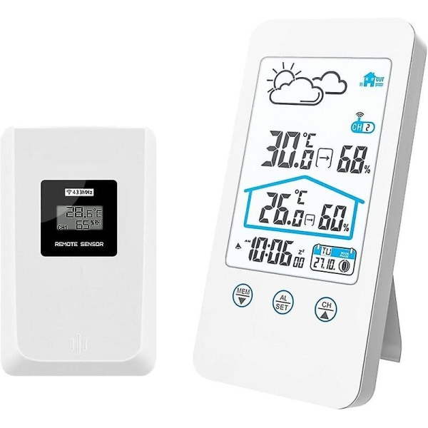 Drahtlose Wetterstation, Digitales Innenthermometer, Hygrometer Und Barometer, Wetteruhr Mit Außensensor (weiß)