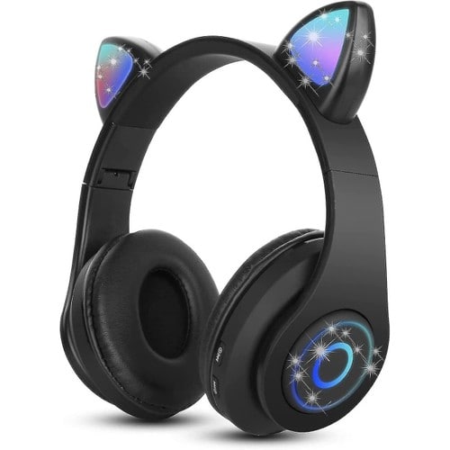 Schwarze Kabellose Bluetooth-kopfhörer Für Mädchen, Ohrhörer Im Katzenohr-design Mit Einziehbarem Mikrofon, Rgb-beleuchtung, Faltbarem Stereo-sound, Für Kinder