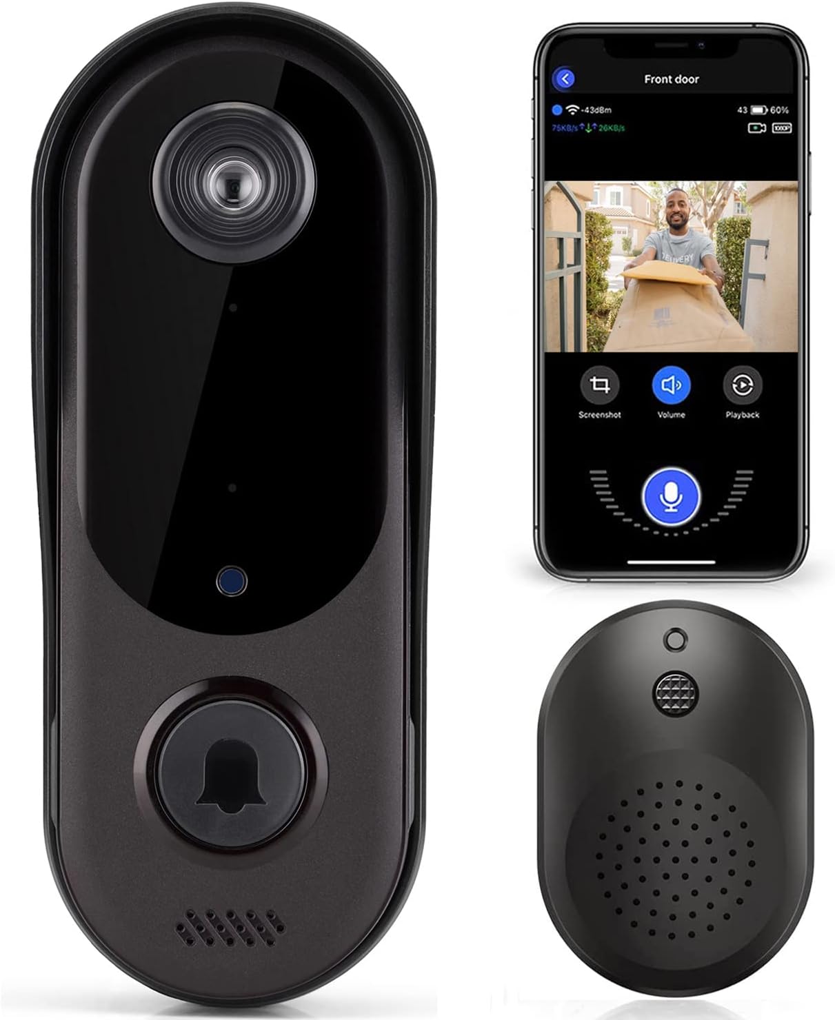 Intelligente Wlan-türklingel Mit Gong, Zwei-wege-audio, Hd-überwachungskamera, Echtzeit-video Für Ios Und Android, 720p (t3)