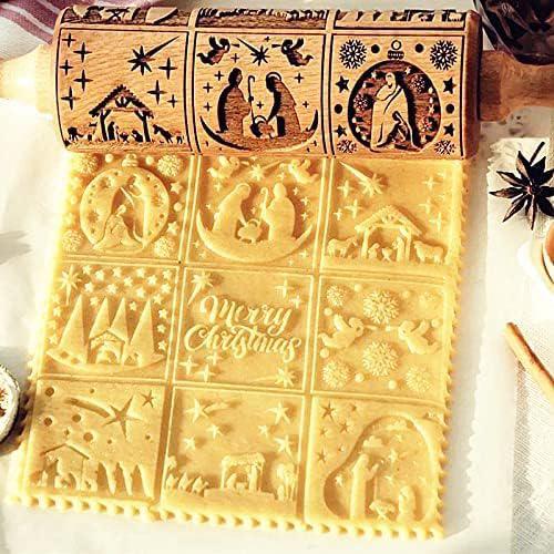 Weihnachtlicher Nudelholz Aus Holz Mit Eingravierten Festlichen Motiven, Dekoratives Backutensil Für Die Gebäckherstellung