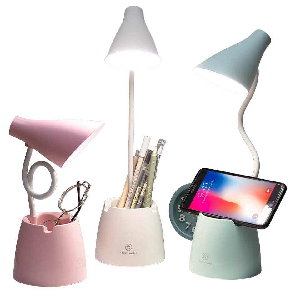 Led-schreibtischlampe, 3 Farbtemperaturen Und Einstellbare Helligkeit, 360° Drehbarer Arm, Inklusive Stifthalter Und Handyhalterung – Weiß