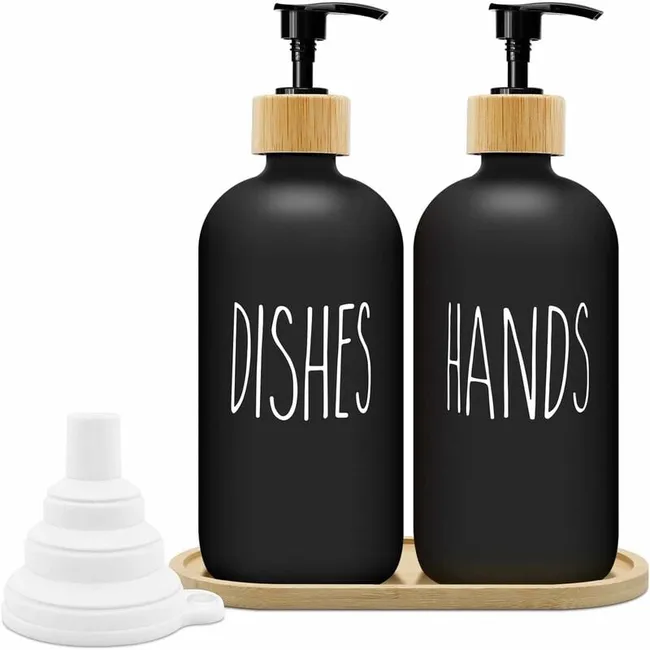 Set Mit 2 Flüssigseifenspendern, 500 Ml, Mattschwarzes Glas Mit Ablage, Nachfüllbare Pumpe Für Küche Und Bad, Elegant