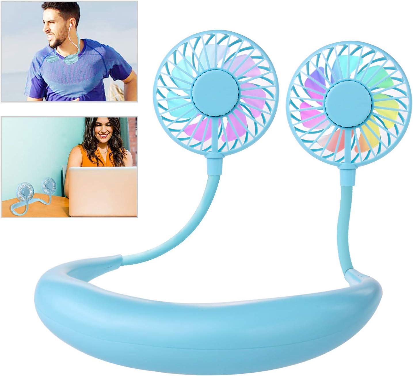 Wiederaufladbarer Tragbarer Nackenventilator Mit Usb-anschluss, Mini-ventilator, 2 Ventilatorköpfe, 3 Geschwindigkeitsstufen, Für Camping Im Freien (blau)