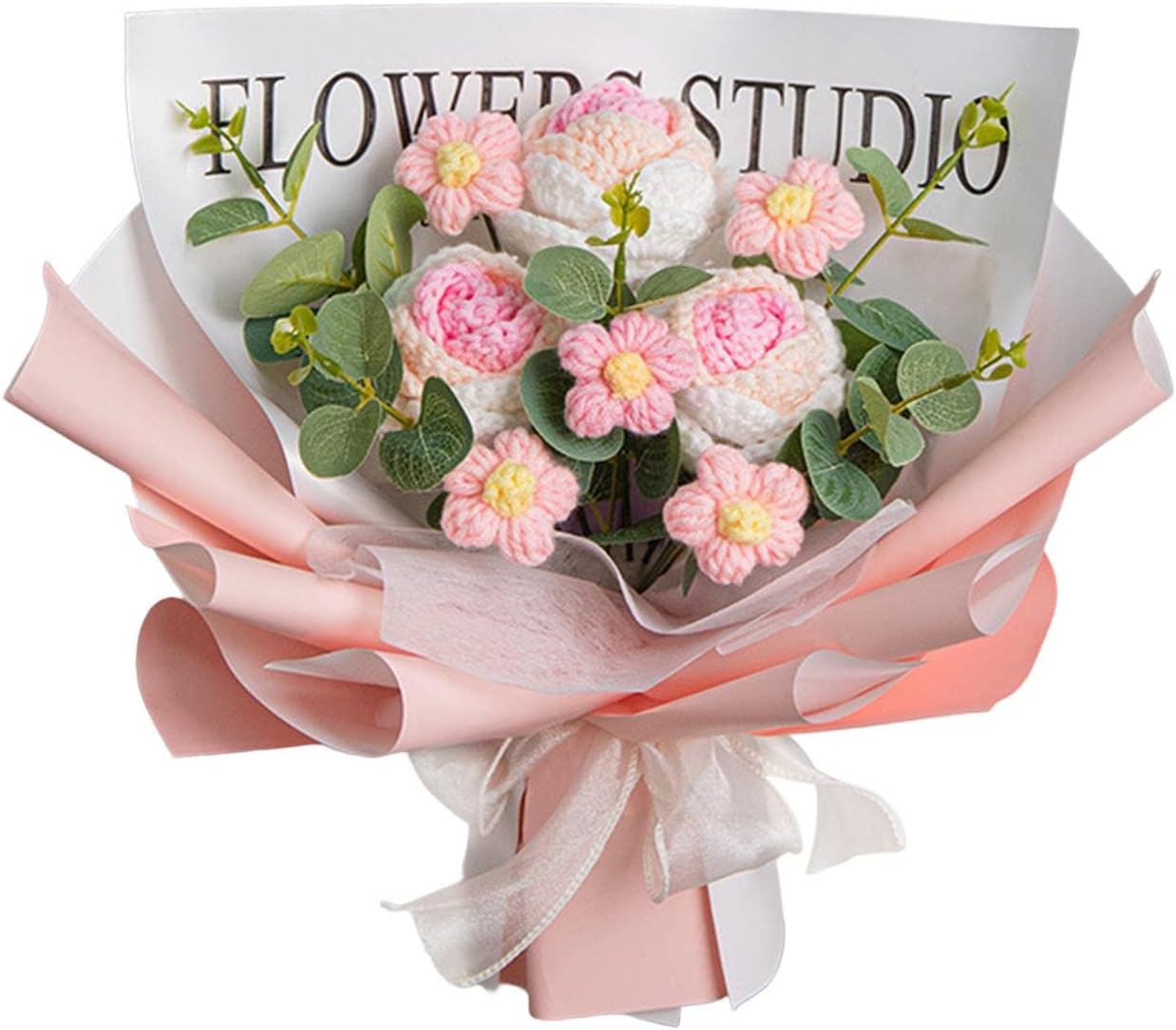 Handgehäkelter Blumenstrauß, Gestrickte Kunstblumen Für Partys, Valentinstag, Muttertag, Geburtstage, Hellrosa