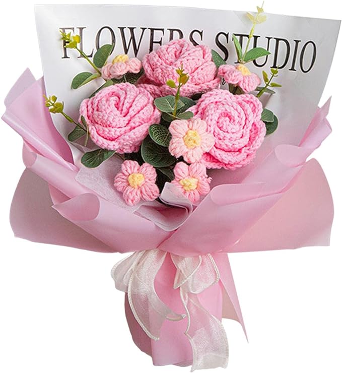 Handgehäkelter Blumenstrauß, Gestrickte Kunstblumen Für Partys, Valentinstag, Muttertag, Geburtstage, Geschenke, Hellrosa