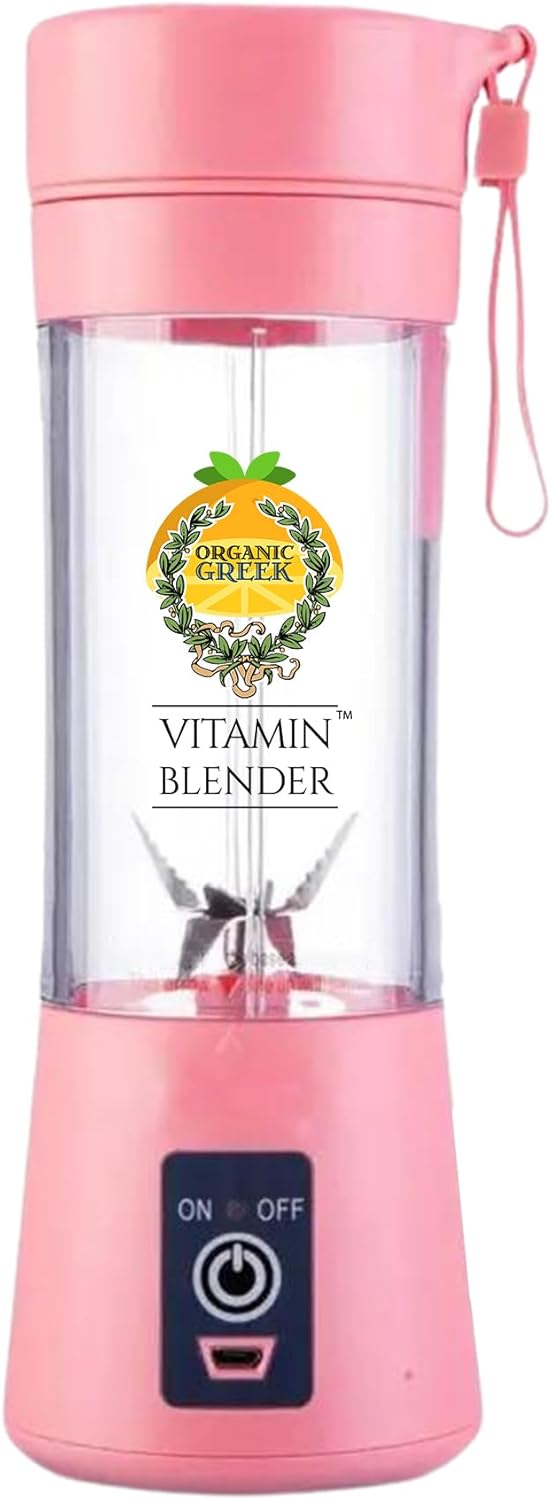 Tragbarer Mixer Und Entsafter Mit Usb-ladegerät. 380-ml-reisemixer Für Milchshakes, Smoothies Und Säfte, Sechs Leuchtend Pinkfarbene Klingen Von Organic Greek®.