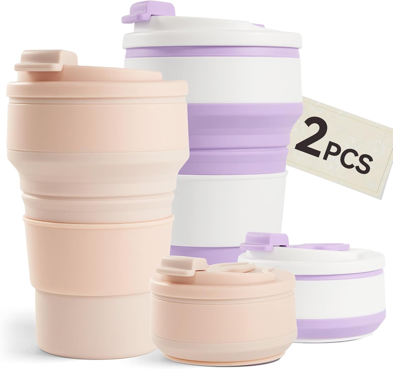 2 Wiederverwendbare, Auslaufsichere Und Kompakte Silikon-reisebecher Für Kaffee Und Andere Heiße Oder Kalte Getränke. 350 Ml (12 Oz), Lila Und Pink.