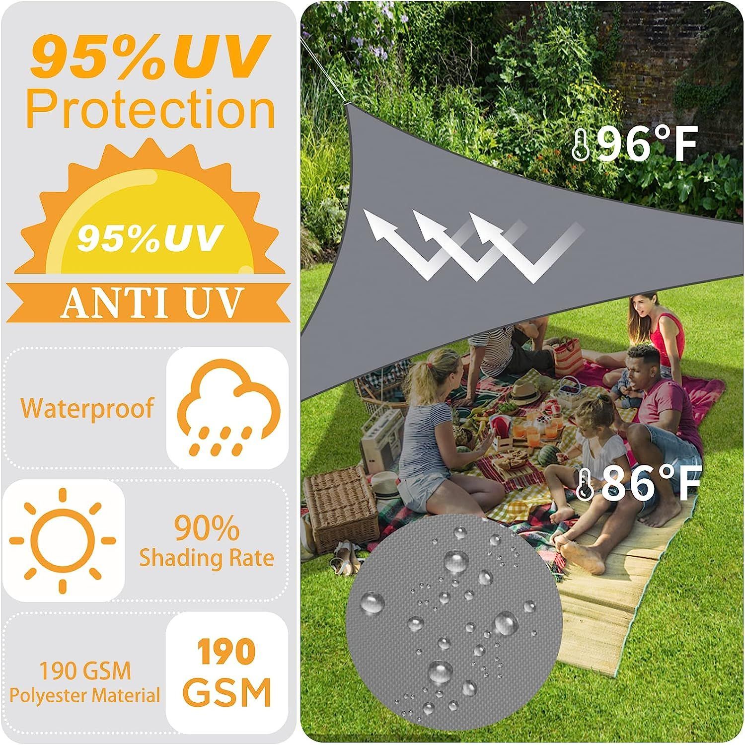 Dreieckiges Sonnensegel 3x3x3 M, Grau, Wasserabweisender Sonnenschutz, 95% Uv-schutz, Für Balkon, Hof, Camping, Pool, Außenbereich, Mit Seilen
