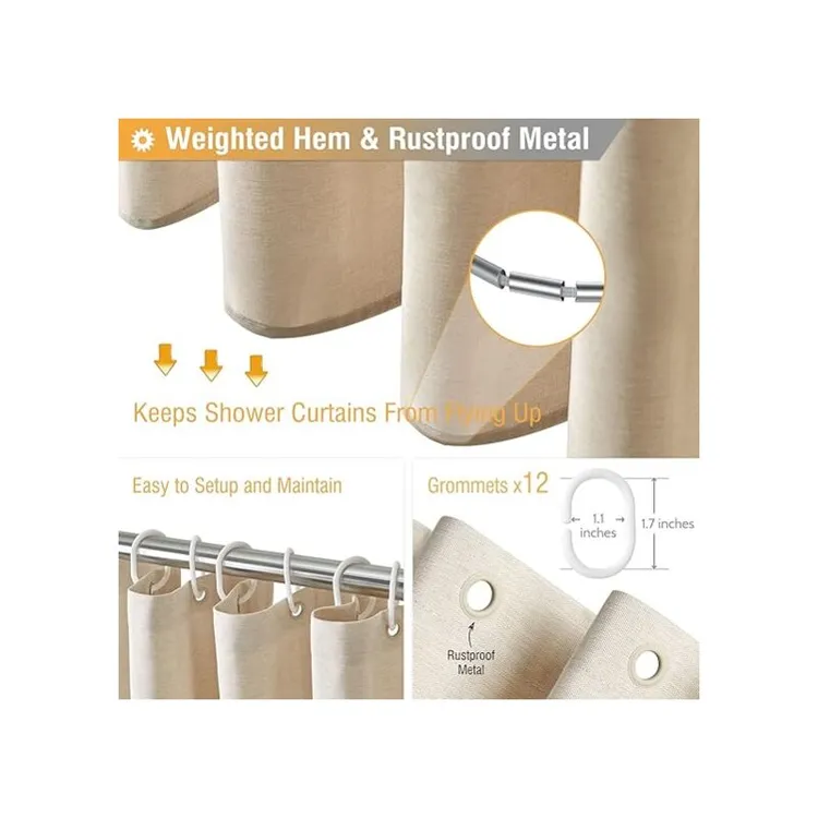 Strapazierfähiger Duschvorhang Aus Canvas, Strukturiertes Polyester Mit Leinenoptik, 213 Cm, Mit 12 Kunststoffringen