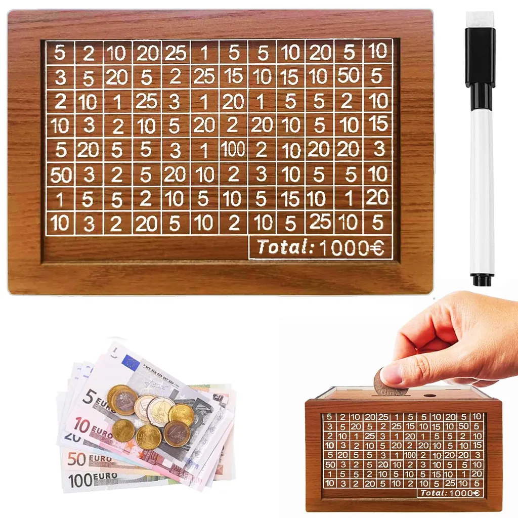 Retro-sparschwein Aus Holz, Sparbox, Sparset, Sparziel Für Kinder, Sparschwein Mit Stift, Wiederverwendbar Mit Zielen Und Zahlen Zum Abhaken