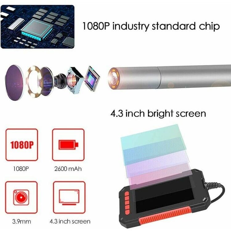 Inspektionsendoskop, 1080p-hd-digitalkamera, 4,3"-monitor, Wasserdichte 5,5-mm-sonde, 6 Leds, 10 M Langes, Halbstarres Kabel – Blau