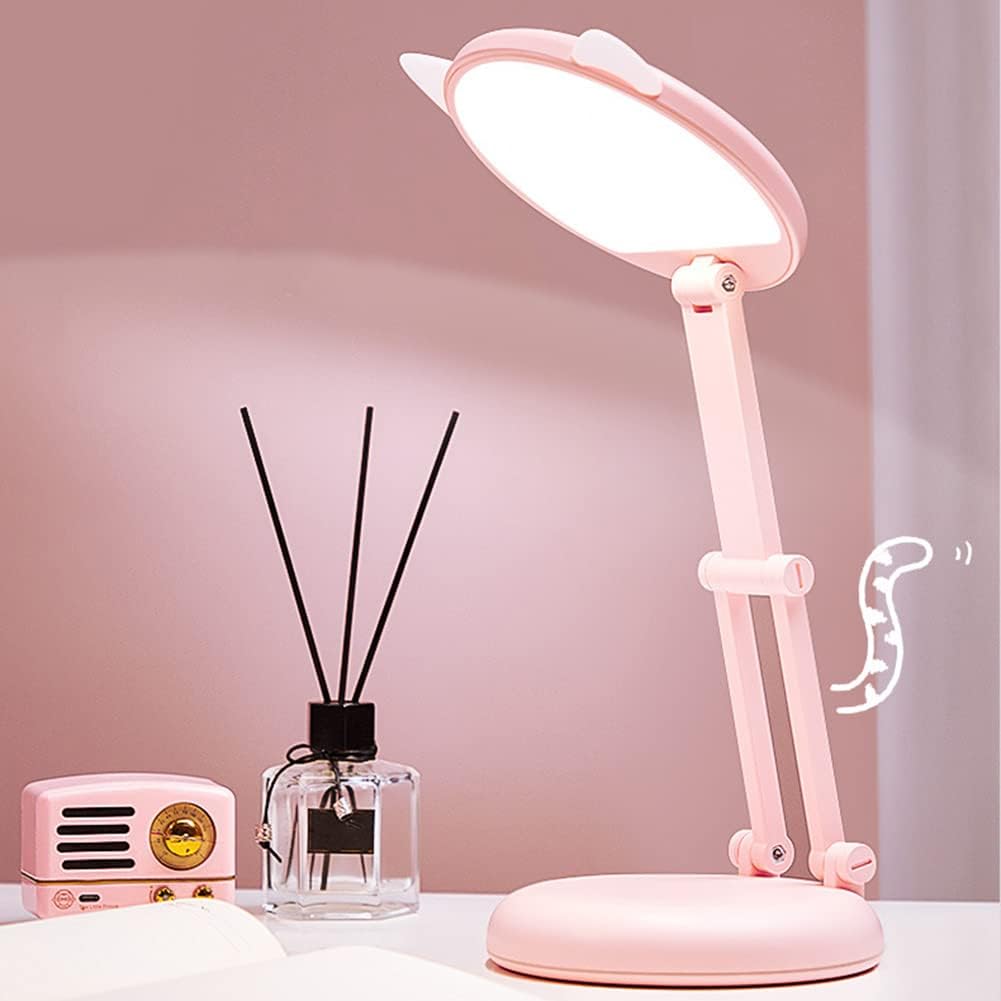 Rhafayre Led-tischlampe Für Kinder, Rosa Nachtlicht Für Mädchen Mit Katzenohren, Einstellbare Helligkeit, Faltbare Beleuchtung Zum Lesen Und Fürs Büro