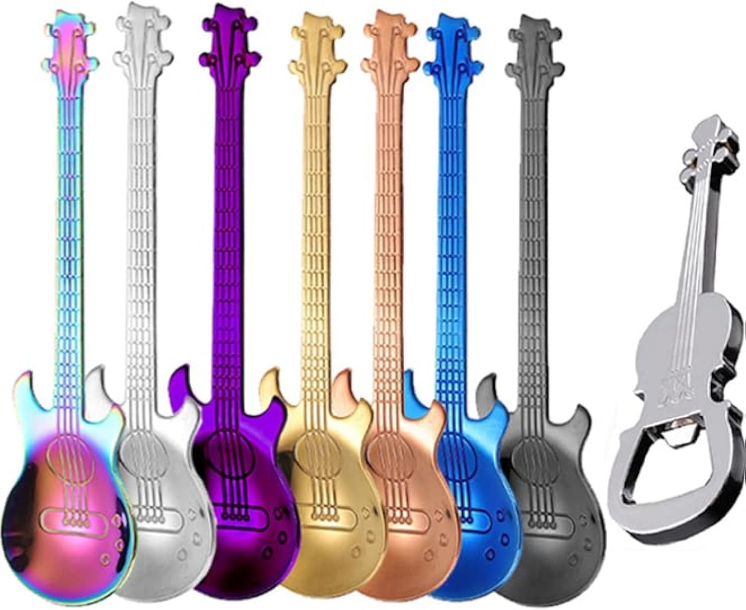 7-teiliges Set – Suppenlöffel – Lange Cocktaillöffel – Gitarrenförmiger Edelstahllöffel – Rührlöffel Mit Musikmotiv – Einzigartiger Kaffee- Und Getränkerührer – Originelle Kleine Löffel Für Zuhause Od