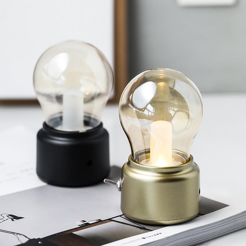 2-teiliges Nachtlicht, Kreative Retro-glühbirne, Mini-usb-wiederaufladbare Led-lampe Mit Warmem Licht, Nachttischlampe, Tischlampe