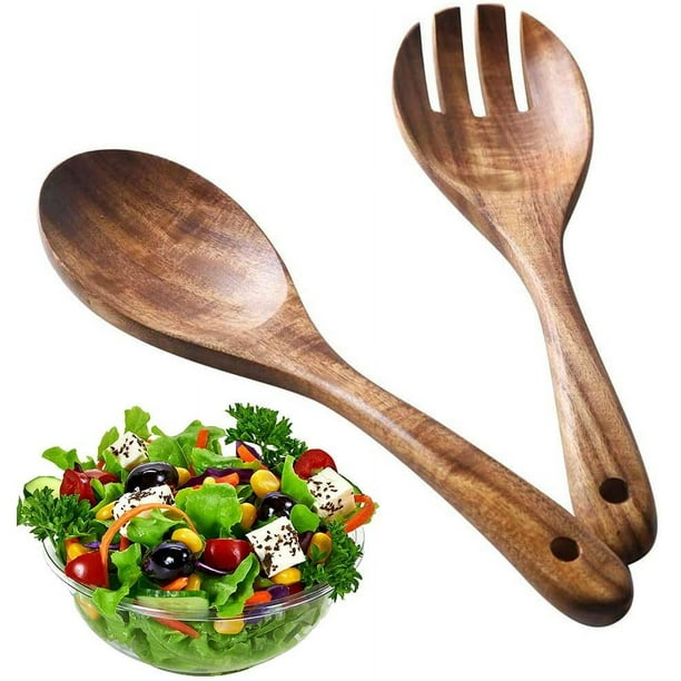 Set Aus 2 Salatbestecken Aus Holz, Wiederverwendbarer, Umweltfreundlicher Löffel Und Gabel, Retro-holzutensilien Für Beschichtete Pfannen
