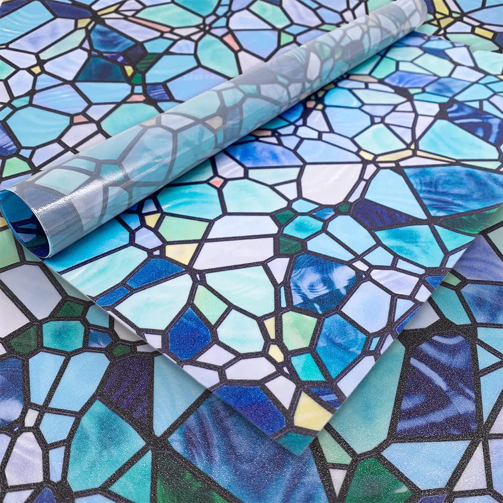 Dekorative Fensterfolie 45 X 180 Cm, Blaues Buntglas-kopfsteinpflastermuster, Sichtschutz, Wasserfester Aufkleber Mit Muster