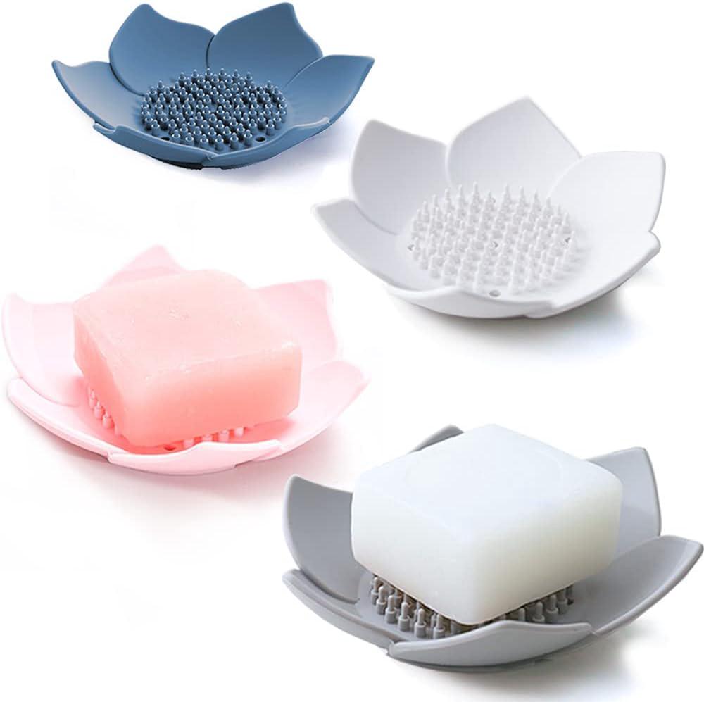Silikon-seifenschale Mit Abfluss. Seifenhalter Für Die Dusche. Seifenschale Für Die Küchenspüle. Blumenförmiger Seifenspender Für Waschtisch Und Badewanne. (4er-set, Weiß, Grau, Rosa, Blau)