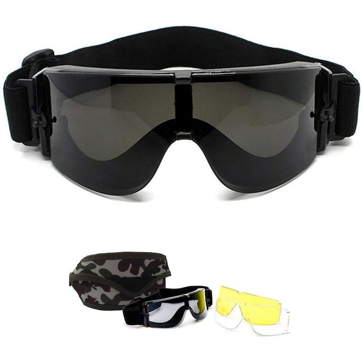 Taktische Schutzbrille Mit 3 Austauschbaren Gläsern, Robustem Rahmen Und Verstellbarem Riemen