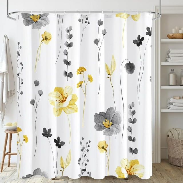 Duschvorhang Mit Gelb-grauem Blumenmuster, Weißer, Wasserdichter Stoff Mit Aquarellblumen, Moderner Minimalistischer Stil, Inklusive Haken, 183 X 183 Cm