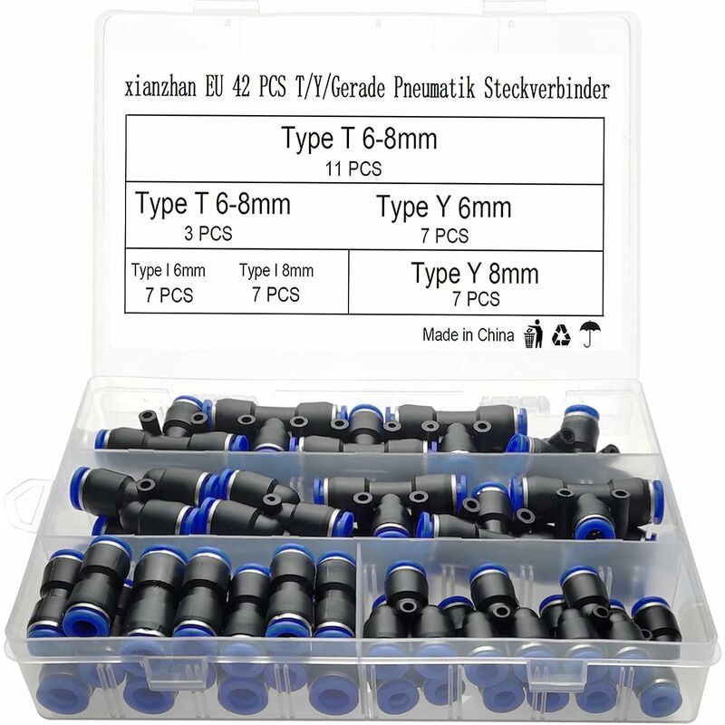 42-teiliges Schnellkupplungs-set Für Druckluft (t-, Y- Und Gerade Anschlüsse) Für 6-mm-/8-mm-druckluftschläuche, Kompressoranschlüsse, Mit Koffer