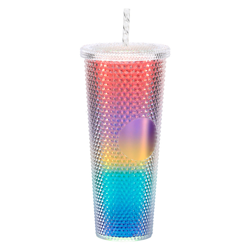 Kreativer, Mehrfarbiger, Doppelwandiger Bubble-tea-becher Aus Kunststoff Mit Farbverlauf, Großem Fassungsvermögen, Mit Strohhalm Und Durian-muster