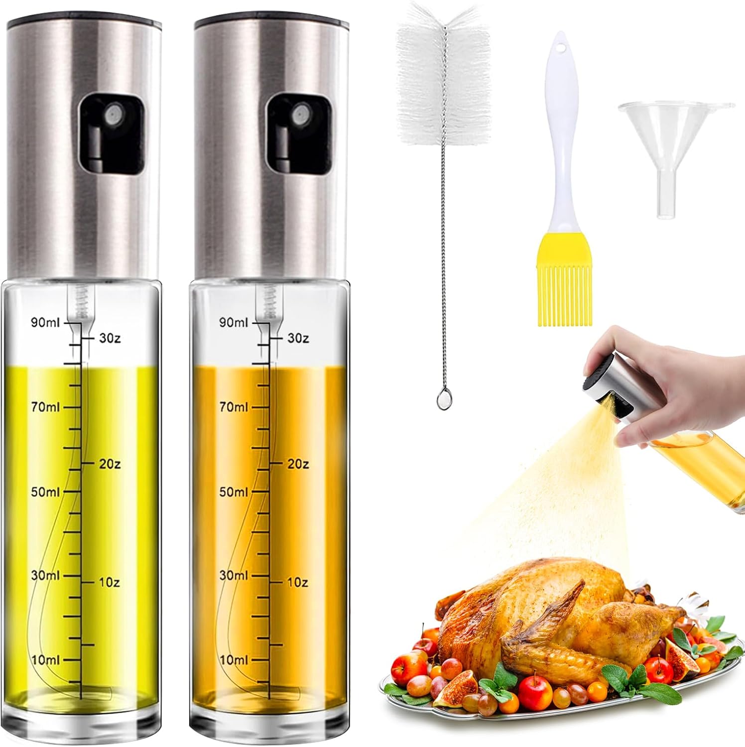 Verstärkter Küchenölsprüher, 2er-pack, 100 Ml, Ölspray Für Salate Und Grillgerichte, Inklusive 1 Pinsel, 1 Trichter Und 1 Ölpinsel