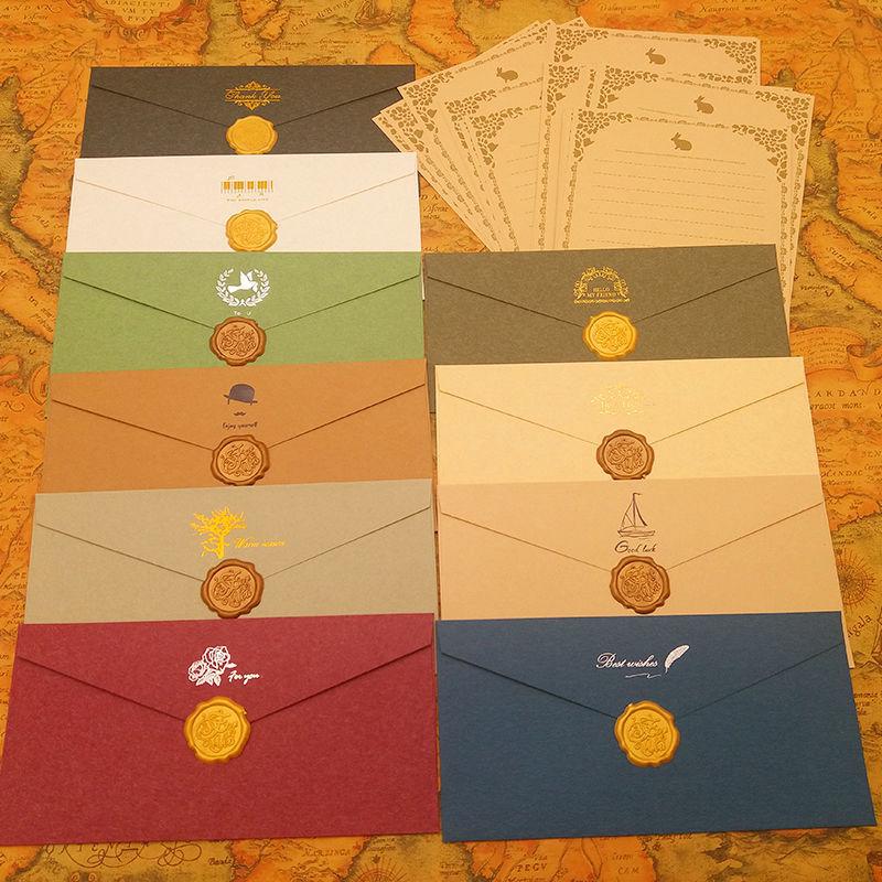 Goldenes Retro-schreibset: 10 Briefumschläge + 20 Blatt Kraftpapier, 13 Selbstklebende Umschläge, Briefe, Grußkarten, Liebeskorrespondenz (ohne Andere Artikel)