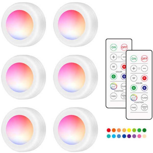 Runde Rgb-led-leuchte Mit 16 Farben Für Schränke, Berührungsempfindliche Lampe, 3 Aaa-batterien Erforderlich (nicht Im Lieferumfang Enthalten), 6er-set Mit 2 Fernbedienungen