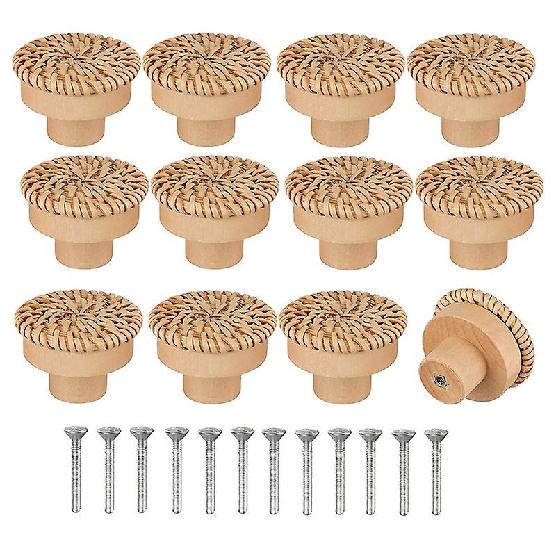 Set Mit 12 Runden Rattan-möbelknöpfen Im Bohème-stil, Handgefertigt Für Kommoden