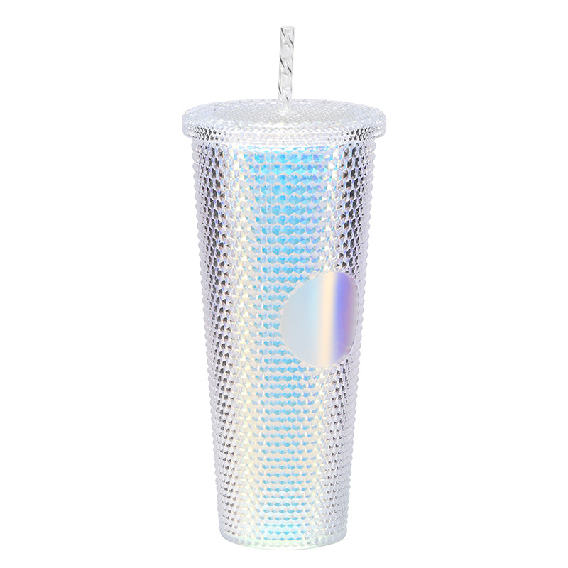 Kreativer, Doppelwandiger Bubble-tea-becher Aus Kunststoff, Mehrfarbiger Farbverlauf, Großes Fassungsvermögen, Mit Strohhalm, Durian-muster