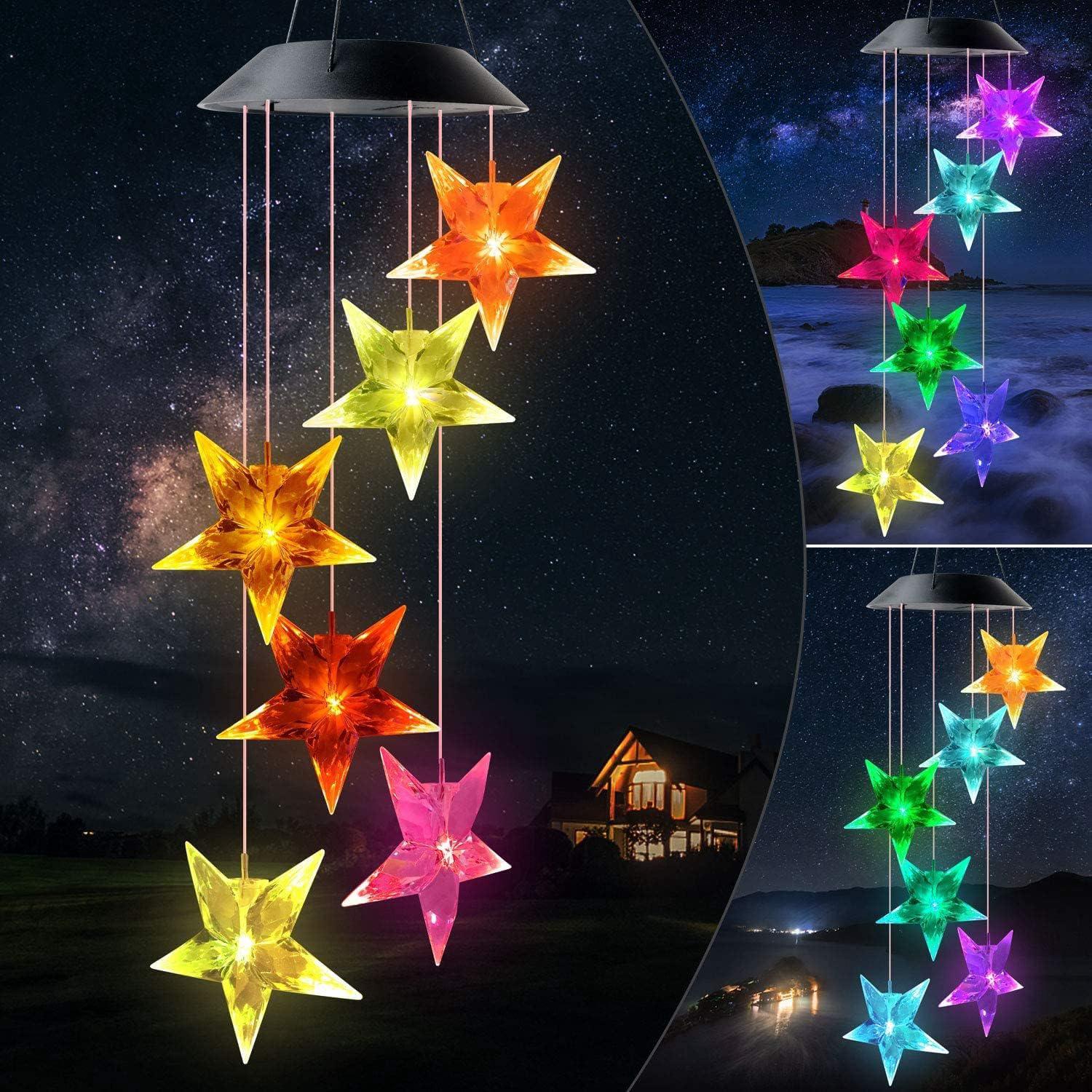 Solarbetriebenes Led-spiral-windspiel Mit Farbwechsel, Romantische Außendekoration Für Terrasse Und Garten Mit Haken (stern)