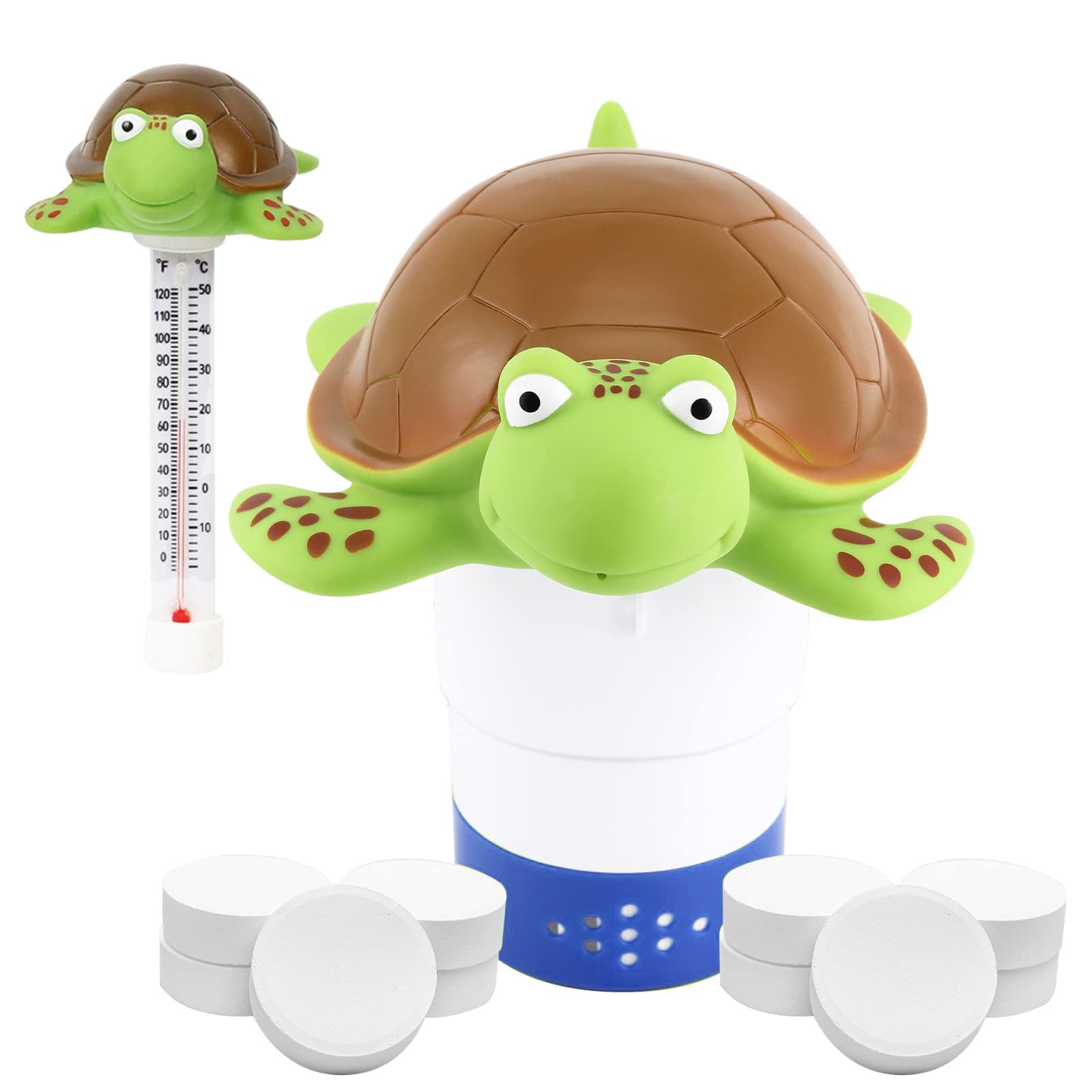 Pool-chlor-schwimmkörper Mit Thermometer, 2-in-1-faltbarer Tablettenspender In Schildkrötenform, Korrosionsbeständig Für 7,6 Cm Tabletten, Einstellbare Durchflussmenge, Für Spa Und Whirlpool