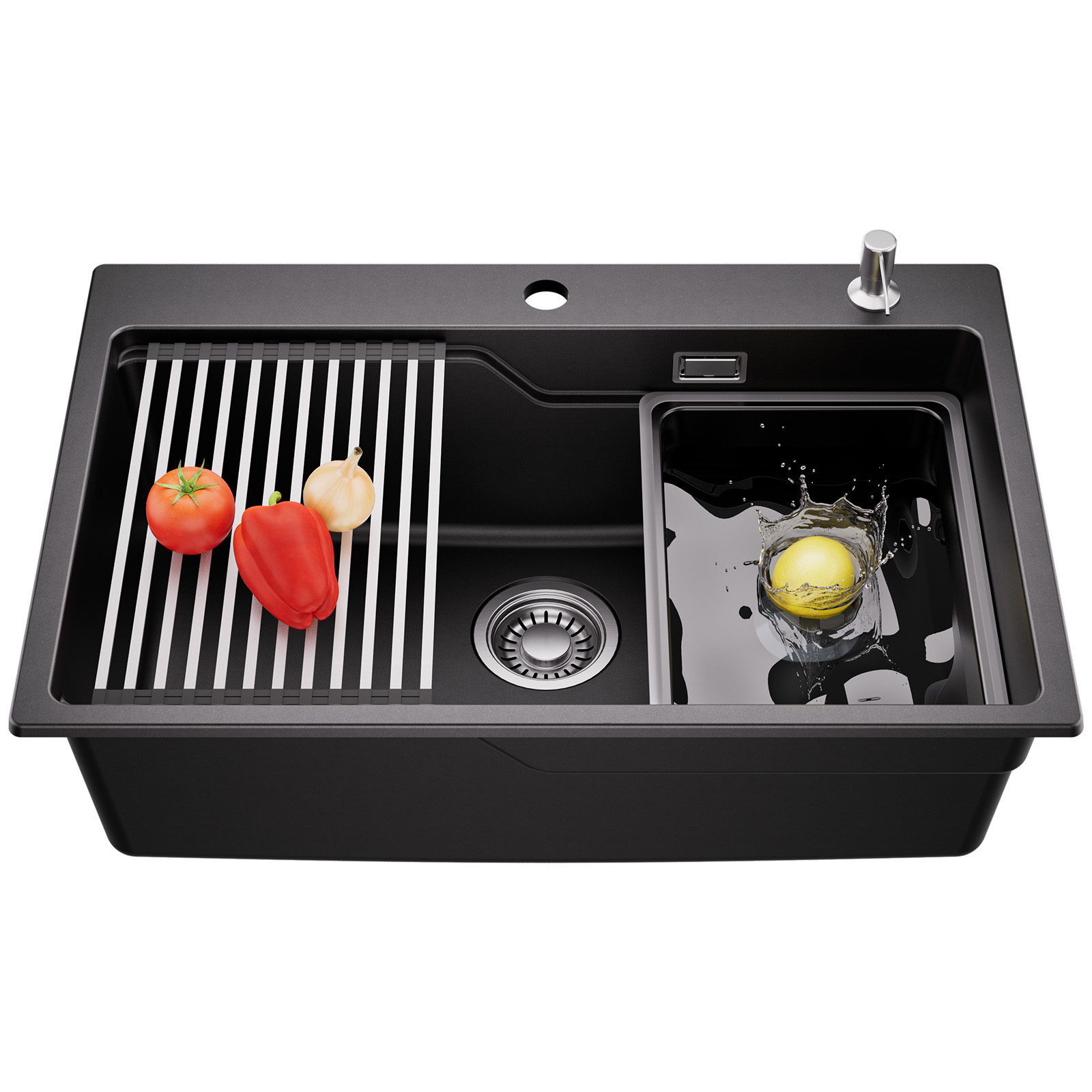 Cecipa Max Granitspüle 70 X 46 Cm Küchenspüle – Aufsatzspüle Küche Mit Beckeneinsatz, Rollmatte & Seifenspender – Quarz-spüle Mit 2-stufen-becken, Siphon, Überlauf