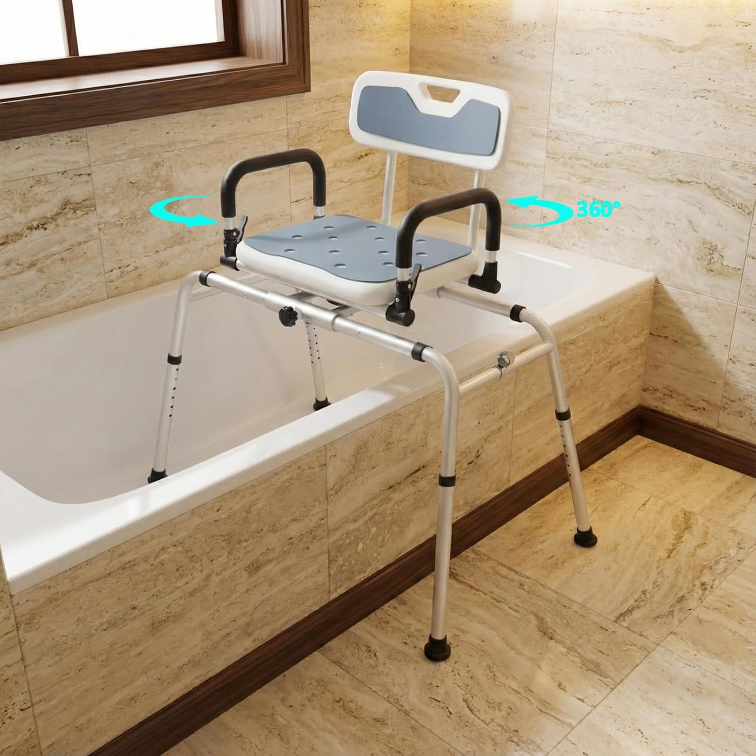 360°drehbarer Und Gleitbarer Duschhocker Für Senioren,badewannentransferbank Mit Drehsitz,100kg,drehbare Duschbank Für Die Badewanne Mit 12-stufiger,höhenverstellung,armlehnen Und Fußpads(weiß,grau)