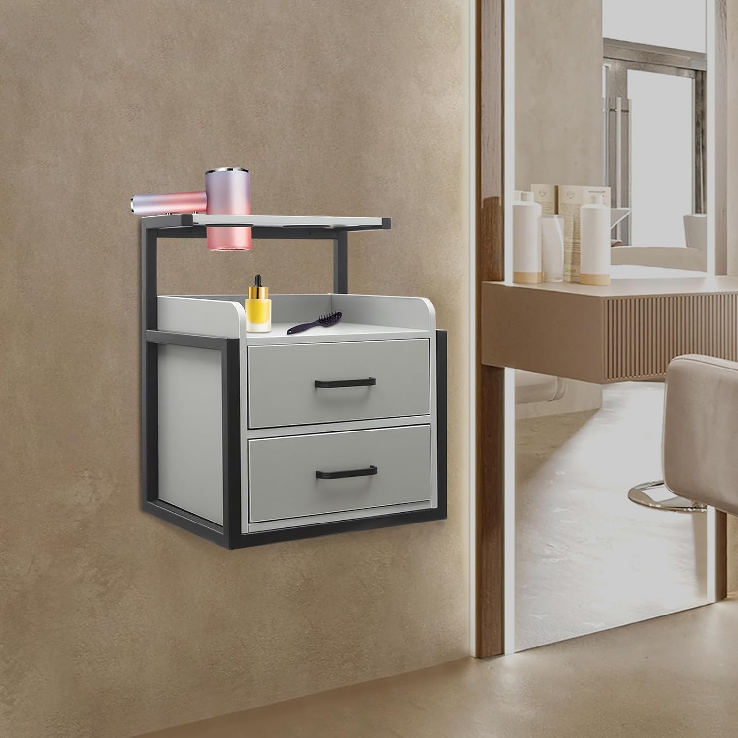 Friseursalon Hängeschrank Hängender Salon Wandschrank Mit 2 Schubladen & Föhnhalter 40 X 30 X 48cm Badezimmerschrank Hängend Speicherschrank Bis 50kg Spind Für Spas, Salons (schwarz + Grau)