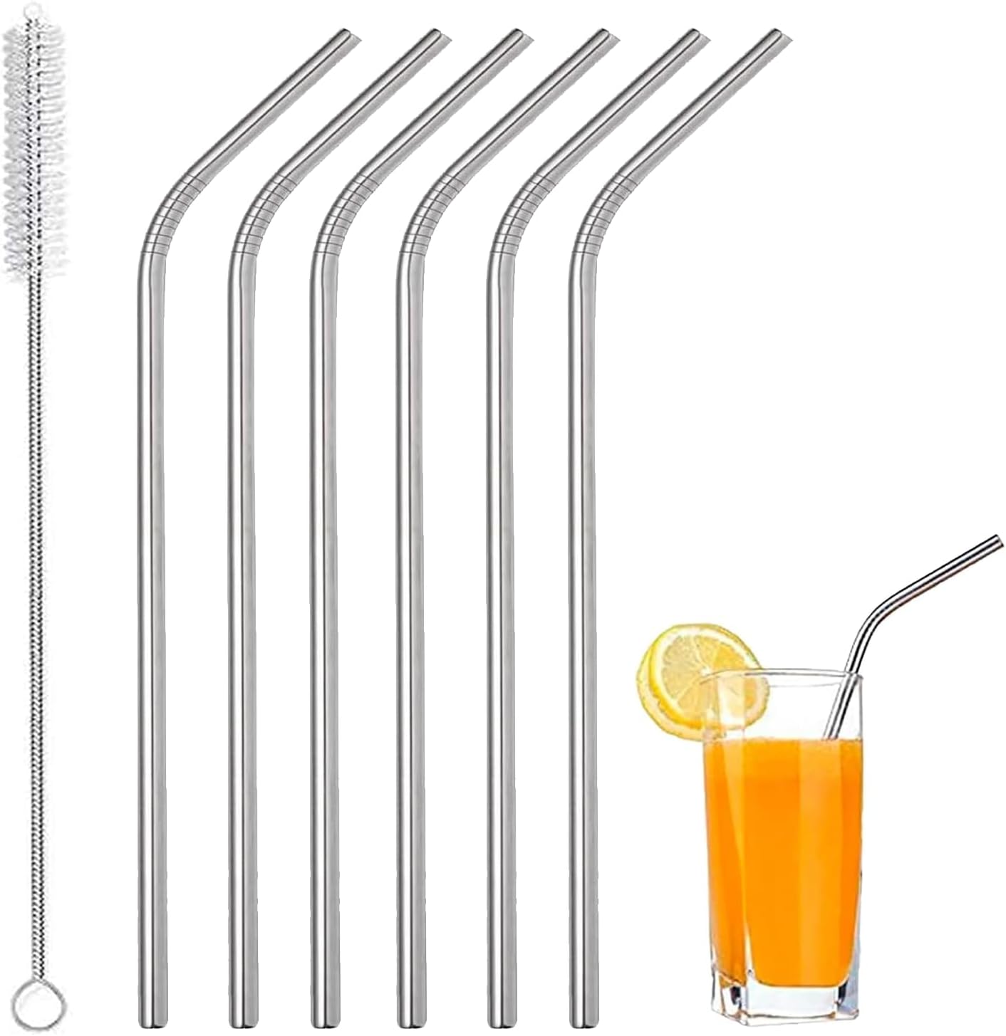 6er-set Edelstahl-trinkhalme Und -bürsten – Wiederverwendbar, Aus Metall, Ideal Für Smoothies, Wasser, Säfte Und Milchshakes, Silberfarbenes, Gebogenes Design (6 Trinkhalme – 1 Bürste), 6 Mm Durchmess