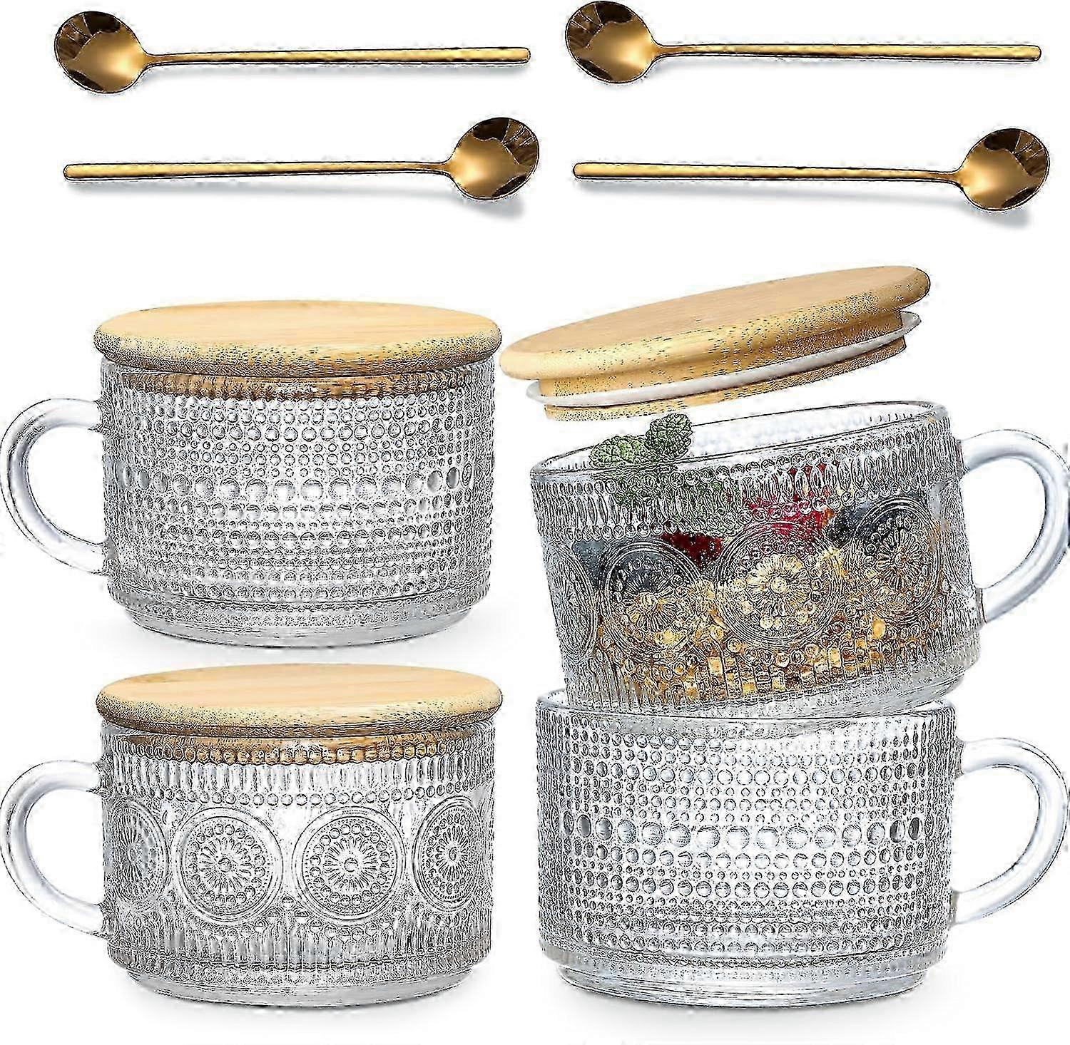 4-teiliges Set Vintage-kaffeebecher, Overnight-oats-behälter Mit Bambusdeckeln Und Löffeln – 414 Ml (14 Oz) Klare, Geprägte Glasbecher, Hübsches Kaffeebar-zubehör