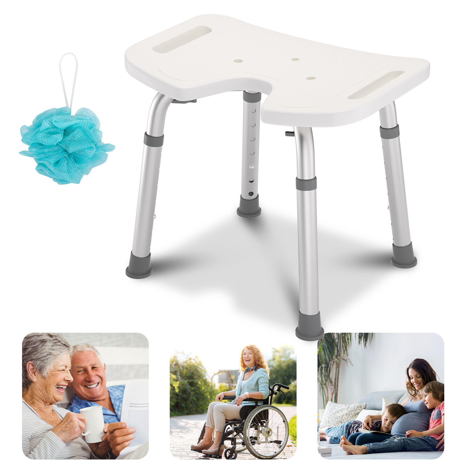 Jiubiaz Ergonomischer U-förmiger Duschhocker, Höhenverstellbarer Badesitz Mit Ablauföffnungen, Rutschfest, 136 Kg